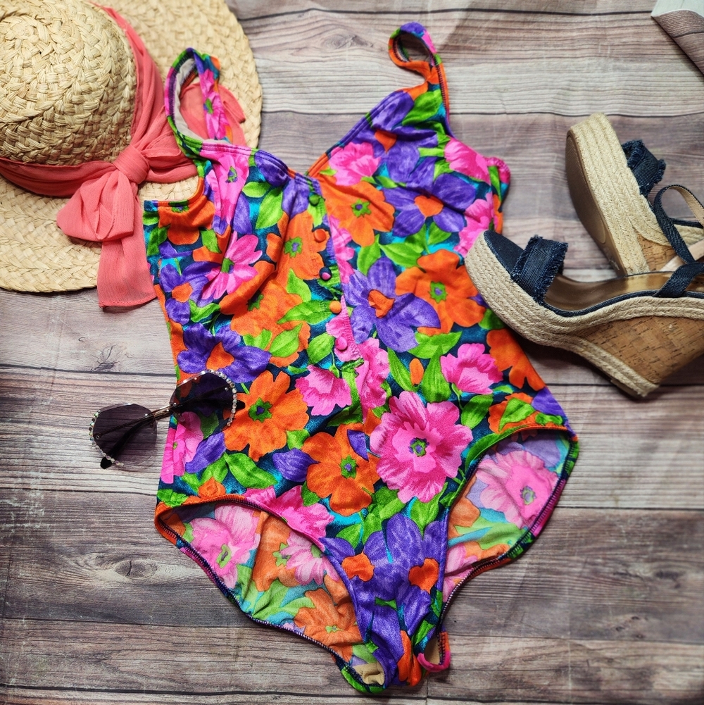 Vintage Palm Point Tropical Colorful 90's Floral One Piece Button Swimsuit